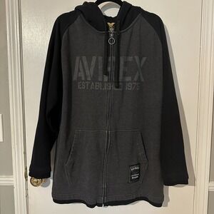 Vintage Y2K Avirex Zip Up Hoodie XL Skater Emo Grunge Black Gray Baggy Skull